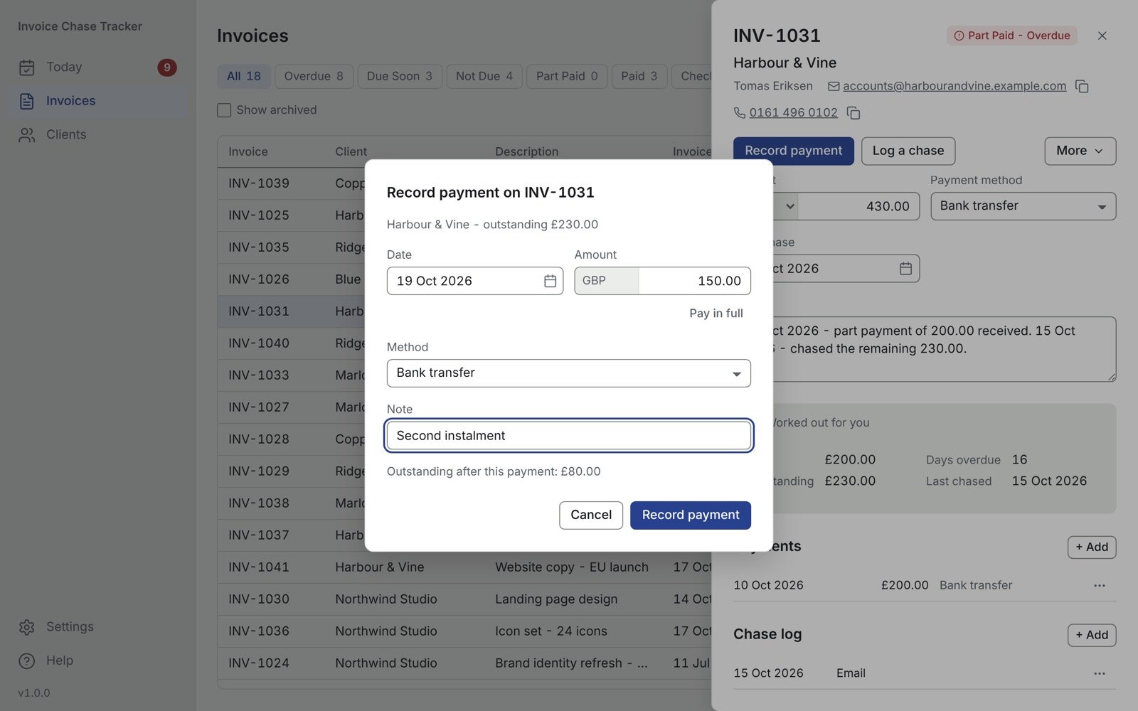 Recording a part payment of £150 on invoice INV-1031, with the outstanding balance after the payment shown as £80.